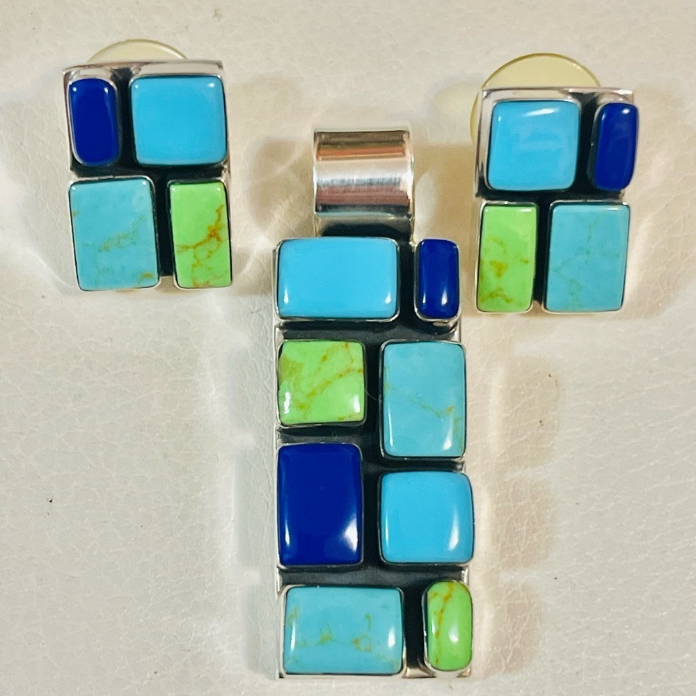 Lot Of 2 SOUTHWEST STERLING Mexico TURQUOISE LAPIS LAZULI PENDANT EARRINGS 37 G